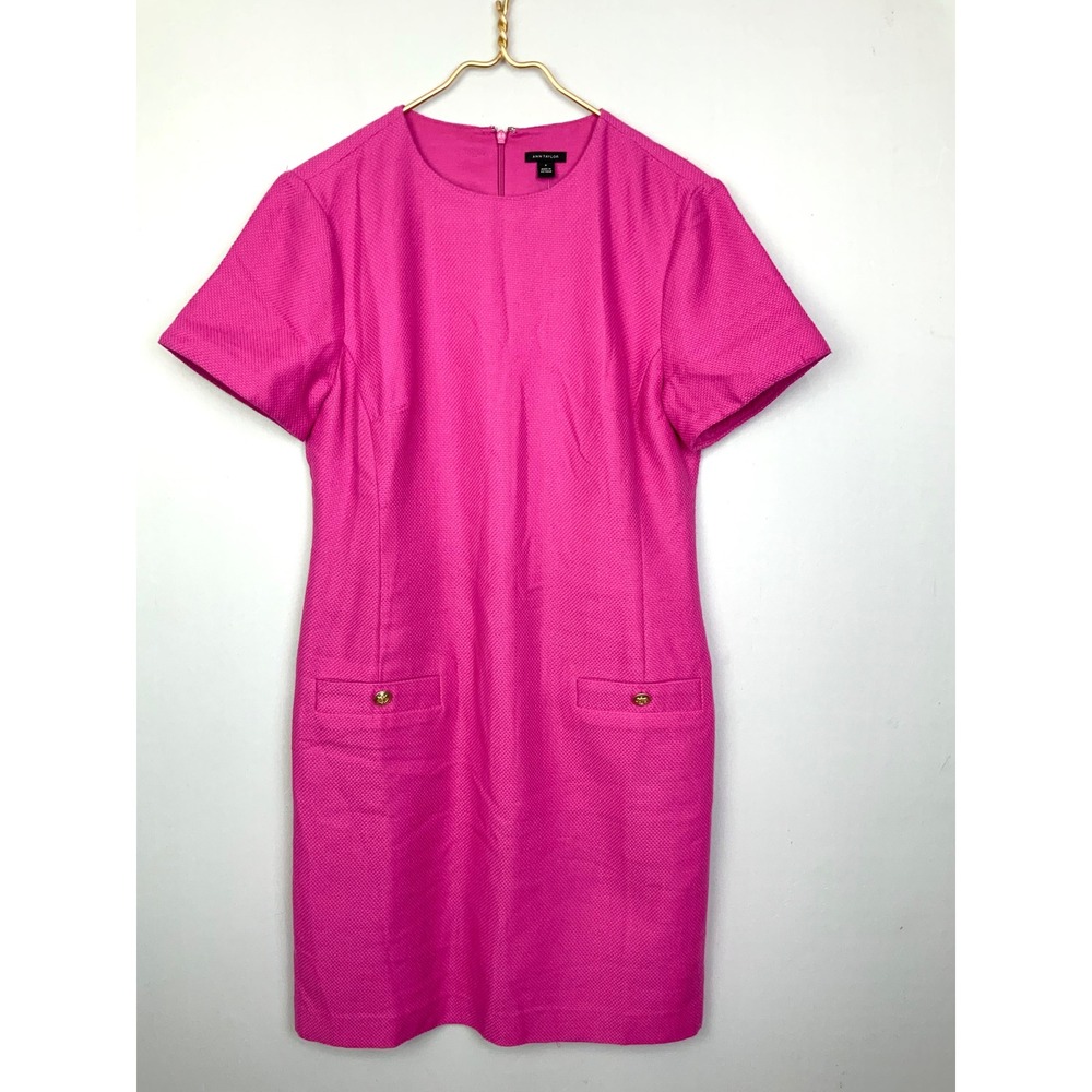 NWT Ann Taylor Sz 6 Pink Tweed Gold Buttons Shift Dress Office Career Classic